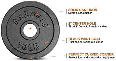 Олимписки плочи со тежина од леано железо A2ZCare 2-инчен центар за обука на сила, тонирање на мускулите, кревање на тегови, губење
