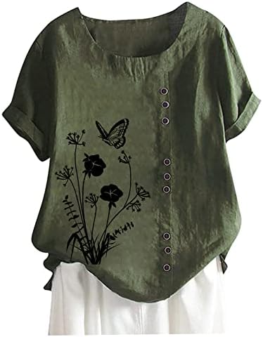 2023 летни врвови за жени памучни постелнини со краток ракав Туника Туника трендовски цветни печатени екипаж за обични кошули блуза