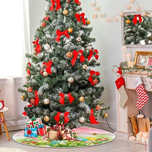 Декорација на здолниште на новогодишна елка, украс на мало мини дрво со здолниште 35,4 инчи со велигденски јајца во тревата со пеперутки