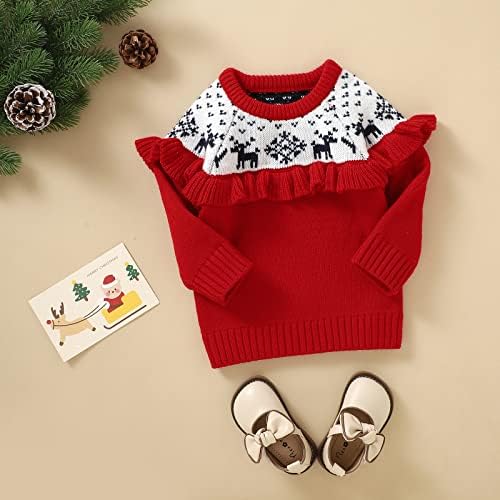 Детето бебе девојче момче Божиќен џемпер со долг ракав топла јакна пуловер џемпер со џемпер црвена Божиќна облека