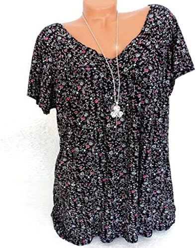 Женски врвови фустани обични гроздобер цветни блузи руфла плетена блуза против вратот трендовски врвови летни модни кошула на блуза