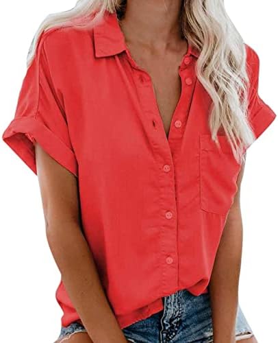 Копче за женски v врат копче надолу со кошули со цврста боја кратка ракав лапел Туника врвови класична работна облека маица блуза