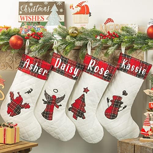 Најмногу божиќни чорапи персонализирани, 18 инчи силуета Бафало карирано порибување за деца Семејство Рустикална фарма куќа камин