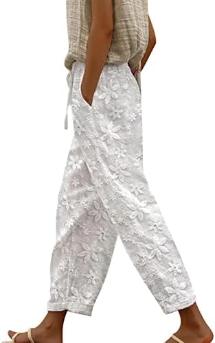 Памучни постелнини панталони за жени цветни везени исечени широки нозе џемпери со високи половини цврсти летни панталони