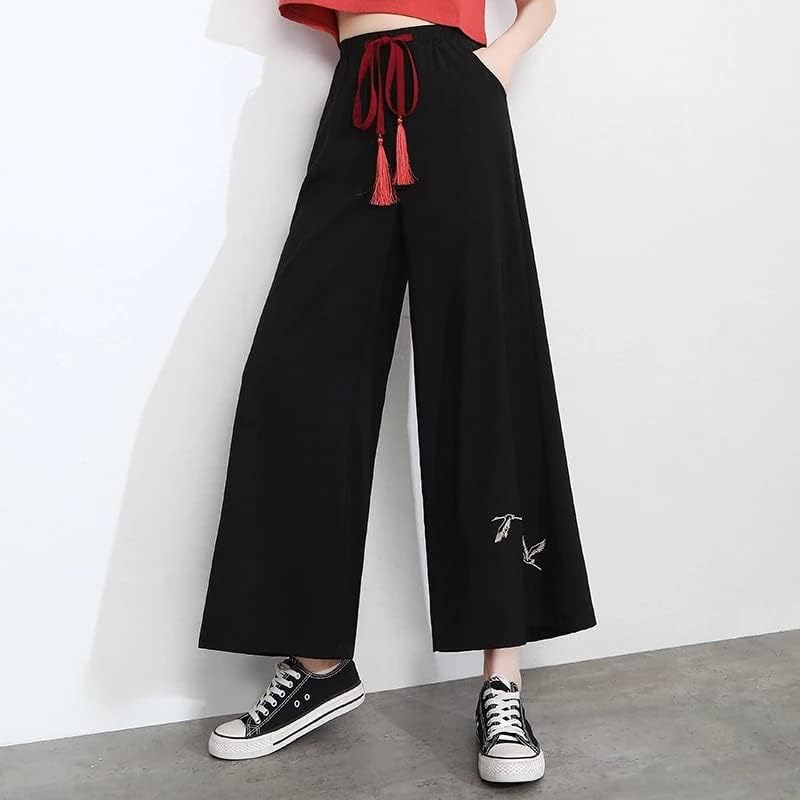 Uktzfbctw Кинески стил Lutmanенски летен шифон хипи етнички лабава црна вез широки панталони за нозе кимонони панталони во боја1 м