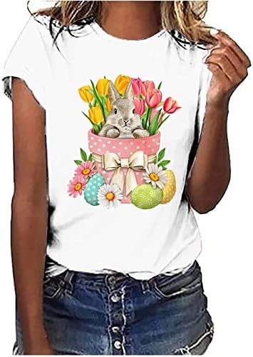 Бени јајца од зајаци со зајаци Среќна маица за велигденски ден маица, женски кратки ракави блузи екипаж-вратот кошули лабави обични