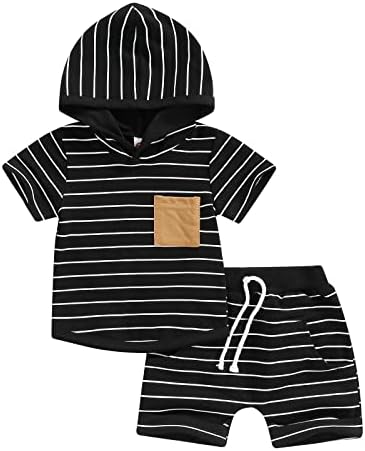 Детето бебе момчиња летни облеки во качулка шорцеви облеки кратки ракави со цврста качулка џебна маица и комплети за облека со шорцеви