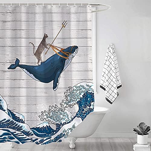 Смешна мачка кит завеса за туширање, кул мачки возење кит со јапонски бранови Канагава на рустикални дрвени туширани завеси комплети симпатични