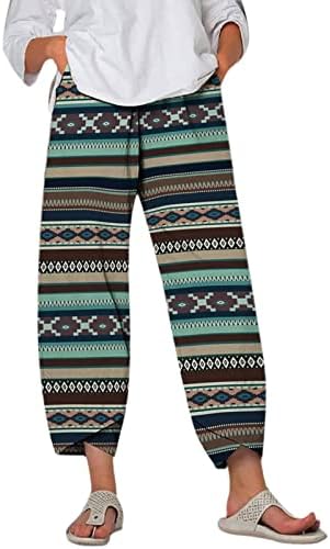 Летни панталони со капри за жени, памучни постелнини широки нозе Каприс жени исечени панталони плажа еластична половината