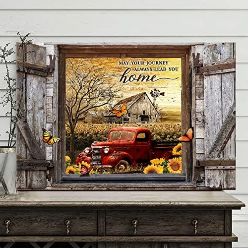 Фарма куќа платно wallидна уметност црвена стари камиони слика кујна wallид декор рустикален сончогледи земја сликарство за