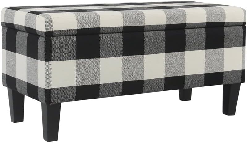 Бенџара карирана шема ткаенина тапацирана клупа за складирање со зашиени дрвени нозе, големи, црни и бели
