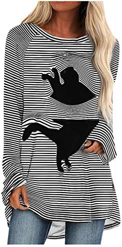 Women'sенски мачки печати долги туники врвови на екипажот со долги ракави со долги ракави, обични меки лабави кошула фустани за
