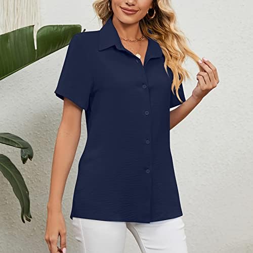 Женски случајни копче надолу кошули летни кратки ракави маица цврста боја на брчки блузи лабави вклопувачки канцелариски врвови