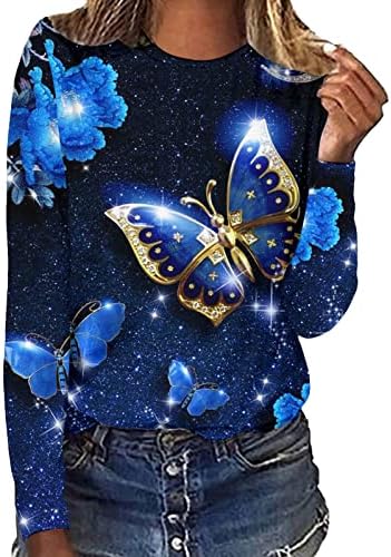 Womenените со тркалезен врат 3Д дигитална печатена пеперутка печатење со долга ракав маица Топ дама туника