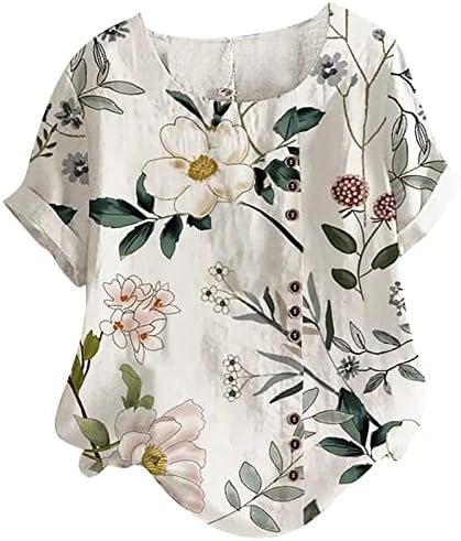 Маичка за блуза за жени лето есенски облека за кратки ракави трендовски графичко копче на вратот на екипажот надолу до 58 58