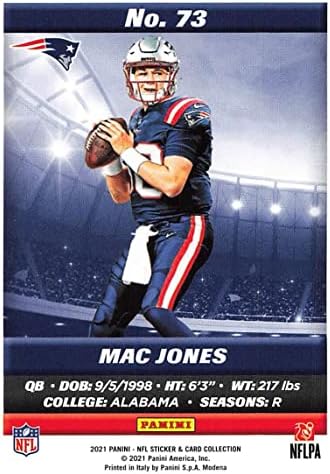 2021 Панини Стандардна големина Вметнете 73 Mac Jones RC Rackie New Angland Patriots NFL Football Trading Card