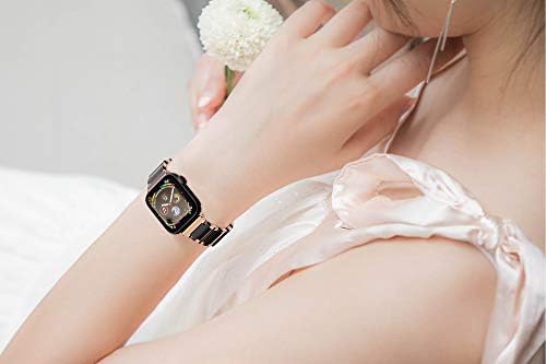 Керамички метални врски со Т-мотори компатибилен со Apple Watch 45mm 44mm 42mm Серија 8 7 6 5 4 3 За жени, завршна облога во розово злато