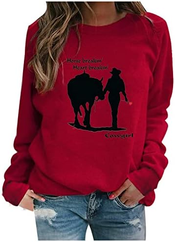 Екипаж џемпер за жени кои се возат со коњи, каубојски врвови на врвовите на графички кошула со долги ракави, за тинејџерски девојки,