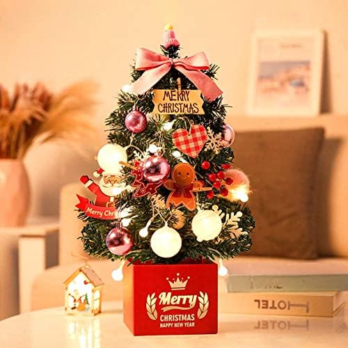 Иитфеки мини новогодишна елка, вештачко мало новогодишно дрво со LED жица светла, елка на таблети со божински конуси Божиќни топчиња украси за