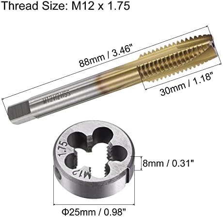 Uxcell Tap and Die Set Metrict M12 x 1,75, HSS титаниум позлатена машина Спирална точка навој навој, завртка за чешма, алуминиумски челик, навој,