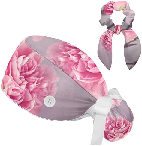 Рози Романтик Буфант капа со торбичка за конска опашка, памук за работа со памук, прилагодливи хируршки капачиња