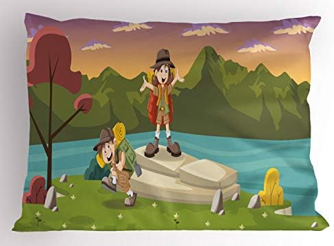 Ambesonne Шам со перница, Најдобри пријатели одат на кампување пешачење покрај езерото, забавувајќи се со забавен истражувач радосен цртан
