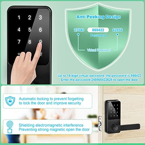 Slendor Smart заклучување на влезната врата за заклучување на вратата за заклучување на вратата со рачка, Wi-Fi портал, Bluetooth апликација,