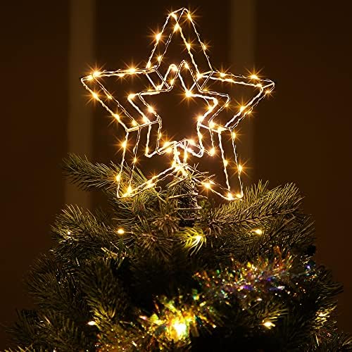 Божиќна Ѕвезда Топер Светло Декорација, Голема Двојна Железна Рамка Ѕвезда Осветли Елка со 8 Режими На Осветлување На Трепкање