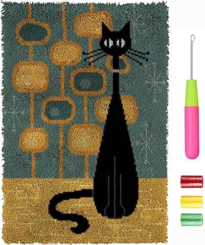 Комплет за килим со кука за заклучување на куки за возрасни DIY капчиња за предиво со боја со боја печатено платно црна мачка шема килим,
