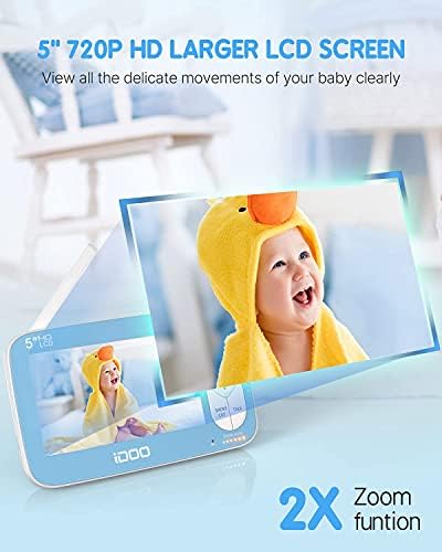 идо Бебе Монитор Со Камера И Аудио, Видео Бебе Монитор без WiFi Со Ноќно Гледање, 720P 5 HD Дисплеј Во Боја, Далечински Пан-Навалување-Зум,