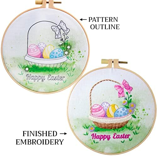 B.Embroidery DIY шарен комплет за везови на велигденски јајца со сликарска позадина во 6-инчен пластичен обрач, кој доаѓа со квалитетна
