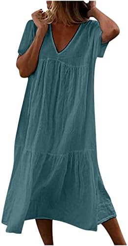 Женски Фустан За Лето 2023 Мода Лежерни Лоси В-Врат Краток Ракав Долг Фустан Цврсти Плисирани Фустани