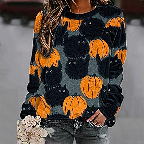 Narhbrg Massion Crewneck Sweatshirt за жени тиква црна мачка печати есен кошули случајно лабаво вклопување удобно мек пуловер
