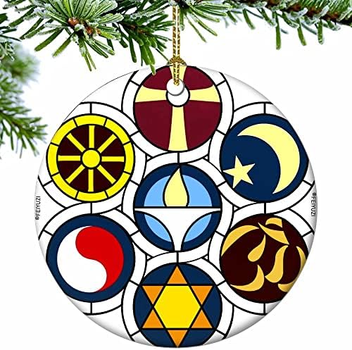 Feiyuzi Унитарната универзалистичка црква Р круг украси Божиќни украси Керамички тркалезна елка што висат на 2,8 инчи