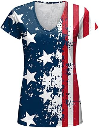 4 јули Кошули За Жени Обични Летни Маици Со Американско Знаме Со Кратки Ракави В-Врат Ѕвезди Шарени Патриотски Блузи