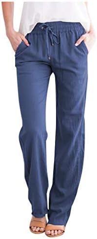 Памучни постелнини панталони за жени, влечење еластична висока половината лето јога палацо панталони удобни модни панталони со џебови