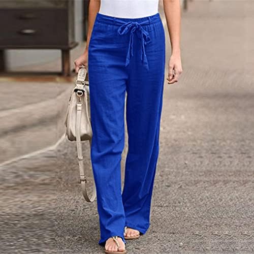 Памучни постелнини панталони за жени, влечење еластична висока половината лето јога палацо панталони удобни модни панталони плус големина