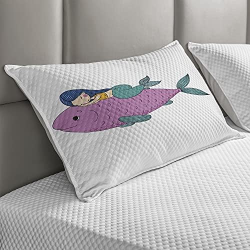 Ambesonne сирена ватирана перница, сирена спиење на горната гигантска риба среќна најдобра пријатели, тема, стандардна капаци за акцент