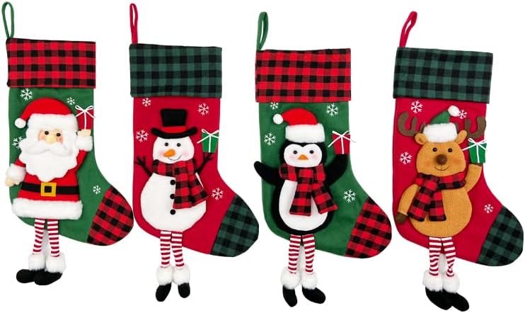 Натубас Божиќно порибување 4 пакувања 20 инчи класични 3Д Божиќни чорапи големи чорапи со Дедо Мраз, Снежен човек, ирваси, симпатична пингвин-
