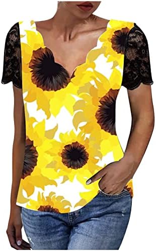 Длабока V вратна блуза маица за дами летна есен облека y2k кратки ракави графички печати цвет обичен врв ut ut