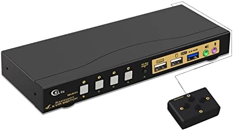 CKLAU 4 PORT USB 3.0 DisplayPort 1.4 KVM Switch 4K@144Hz 8k@30Hz со аудио, кабли за 4 компјутери кои споделуваат 1 монитор и