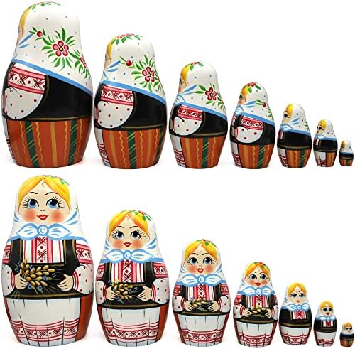 Руски кукли за гнездење AEVV поставени 7 компјутери - дрвена редење матриошка кукла во народна словенска облека со шилети - руски кукли