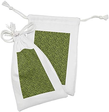 Зачудувачки ловец зелена ткаенина торбичка сет од 2, барокен стил Дамаск цветна шема со лисја вртени гранки Ретро дизајн, мала торба за влечење