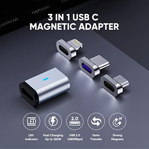 Кул GADGET USB C Адаптер 120W USB C Магнетски Адаптер, QC 2.0 Брзо Полнење, USB c Адаптер со 3 Пакет Магнетни Конектори, 480mb / s Пренос На
