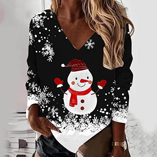 Womenените фустани џемпери карирани снегулка печатена лабава лабава маичка кошула графичка маичка О-врат кошули со долг ракав