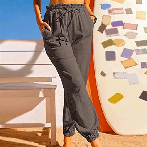 Памучни постелнини панталони за жени, фустани обични широки нозе лабави вклопување капри летни трендовски панталони за џогер за жени