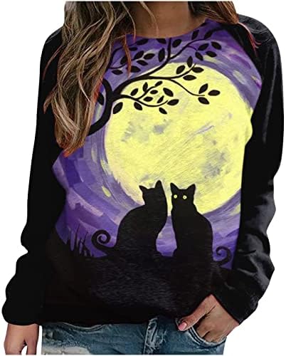 Narhbrg Ноќта на вештерките носи врвови за жени 2022 година со долги ракави џемпери од тиква црна мачка образец случајна лабава
