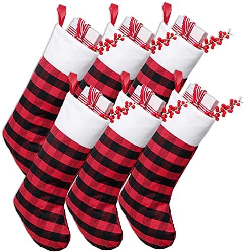 Партимил Божиќни чорапи, 6 парчиња големи Божиќни чорапи, 18 инчи црвено црно биволско карирано божиќни чорапи камин што виси чорапи
