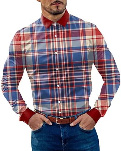 XXBR машки карирани копче надолу со кошули со долги ракави, решетка за јака, решетка, фустан кошула улична гроздобер деловна кошула
