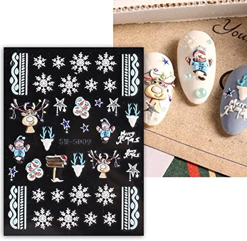 8 листови 5Д Божиќни налепници за уметност на ноктите стереоскопски врежани 5Д снегулка на ноктите за снегулка Божиќ, зимски дизајн